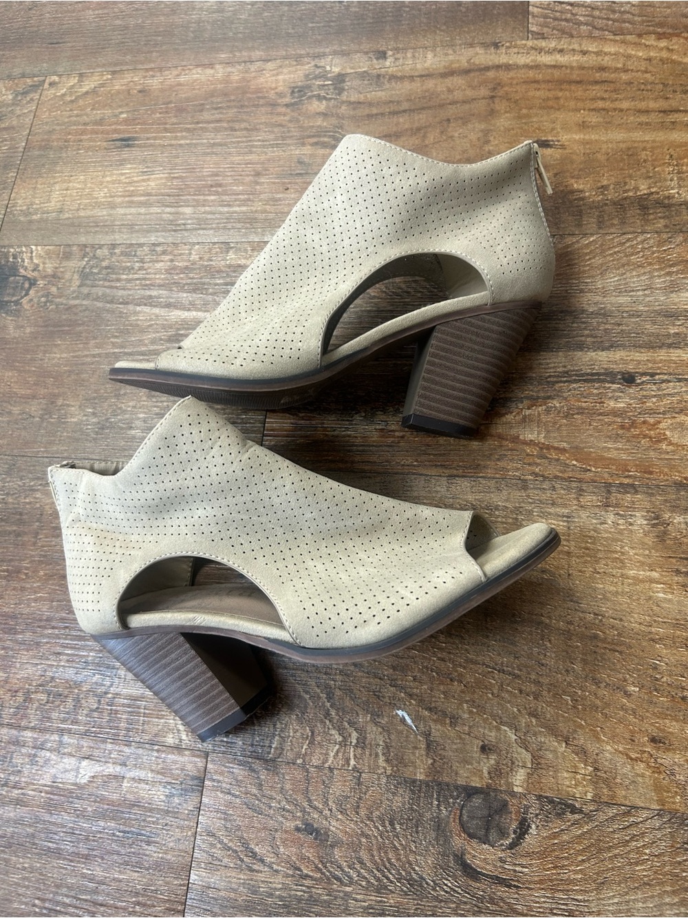 Women's Perforated Peep-Toe Ankle Booties in Taupe